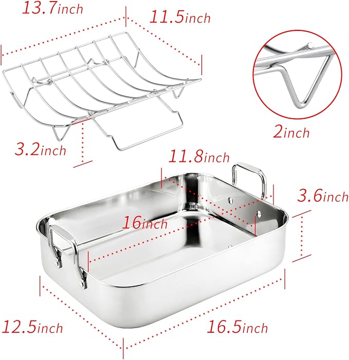 JY COOKMENT Roasting Pan with Baking Rack, 16.5 Inch Stainless Steel Turkey Roaster with Rack, Baster. Great for Turkey, Chicken, Ham, Vegetables