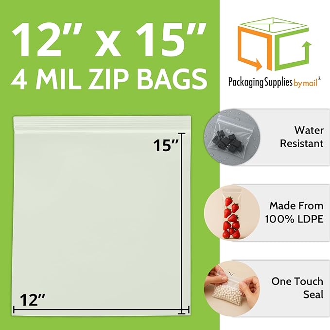 PSBM 500 Count 4 Mil 12 Inch x 15 Inch, White Block Reclosable Poly Bags, With Write-On Block, Clear Zip Plastic Bag, Lock Seal Zipper For Packing, Storing, Organizing & Shipping Products