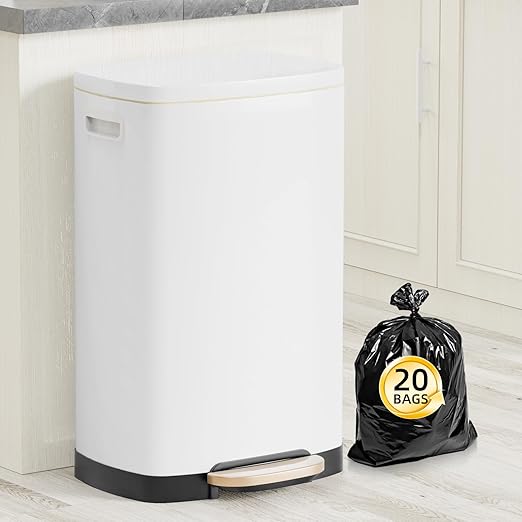 KdbK 13 Gallon Trash Can with Lid, 50L Fingerprint Proof Stainless Steel Kitchen Trash Can with Removable Inner Bucket and Lid Soft Close, Pedal Rubbish Bin for Home Office, White