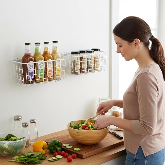 2 Set LeleCAT Hanging Wall Basket Organizer Over the Cabinet Door Adhesive Wire Baskets for Organizing Kitchen Food Pantry Bathroom Shelf Storage No Drilling Wall Mounted,White