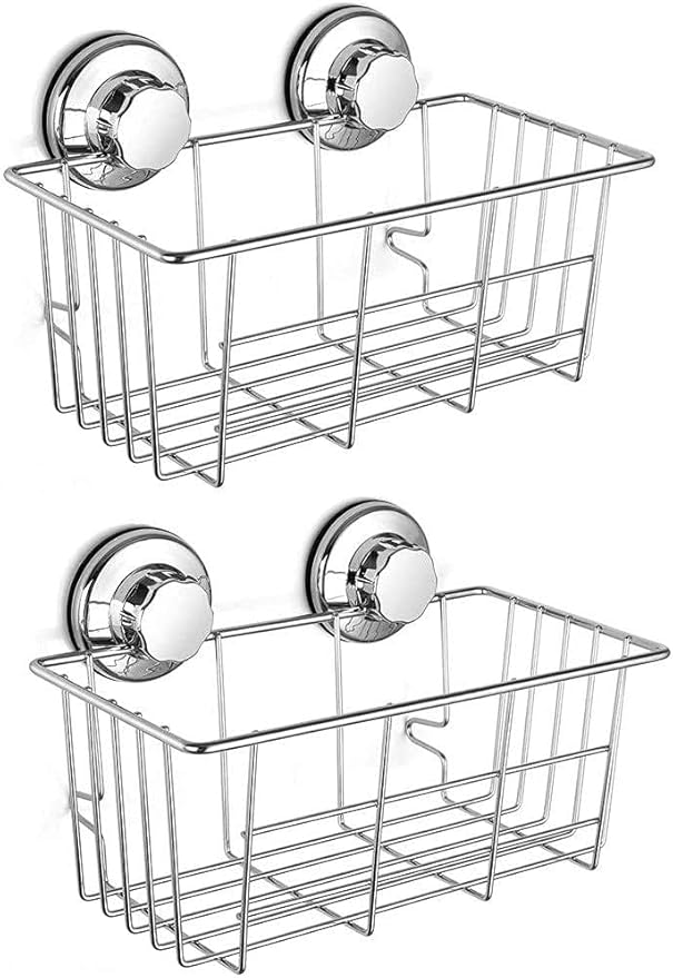 SANNO Vacuum Suction Cup Soap Dish Holder Double Suction Hooks Shower Caddy Large Basket Shelf,Bath Organizer Kitchen Storage Basket for Gel Holder Shampoo, Conditioner