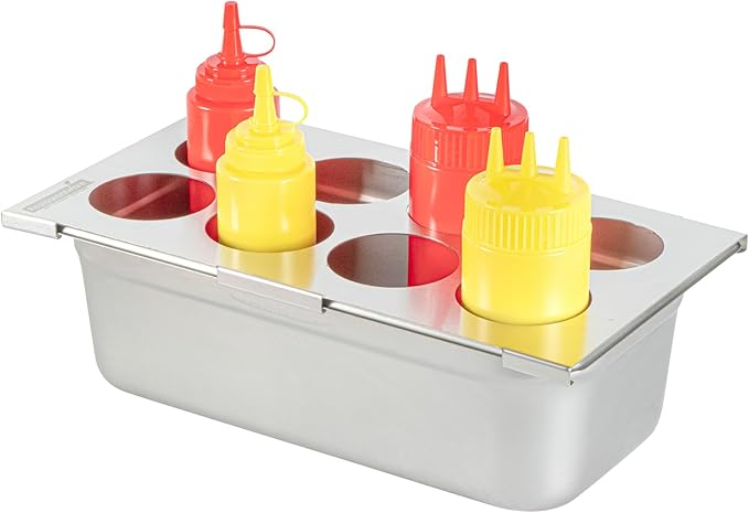 Restaurantware Squeeze Bottle Template Pack of 1 Stainless Steel 8 Hole Holder Top, 2.5" Diameter Fits 1/3 Size Food Pans, Dishwasher Friendly Integrated Lip Design Holder Top for Condiment Bottles