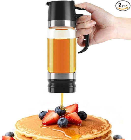 Aelga Coffee Syrup Dispenser, Honey Dispenser, 12 OZ Glass Syrup Bottles with Handle, No Drip Pouring, Coffee Bar Accessories for Coffee and Tea, Black 2 Pack