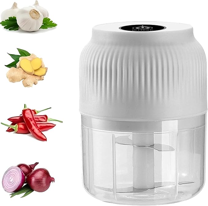 Electric Garlic Chopper,Mini Portable Veggie Cutter,Upgrade Electric Mini Garlic Chopper Set,Vegetable Chopper and Spiralizer with Container and Lid,USB Rechargeable (White)