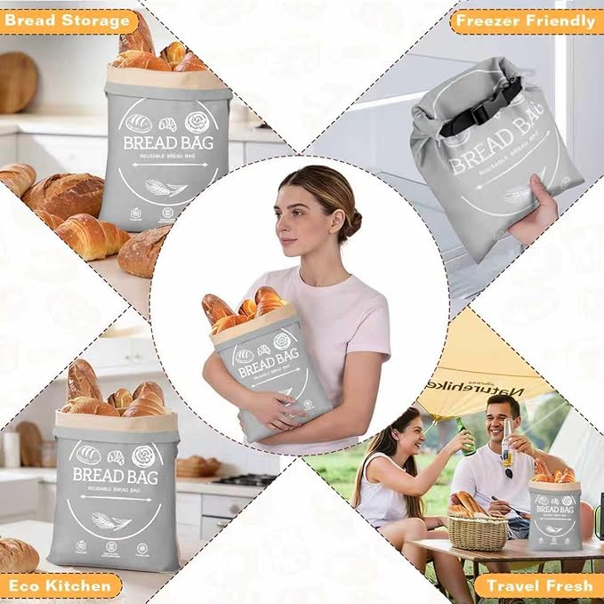 Bread Bags for Homemade, Beeswax Reusable Bread Bag for Sourdough, 1 Pack XL-Reusable Waxed Food Storage Bag to Keep Sourdough Fresh, Freezer-Safe, Eco-Friendly (Grey)
