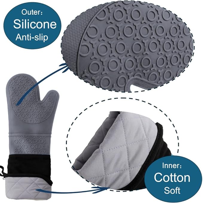 Extra Long High Temp Oven Mitts - 2pcs Commercial, Heavy Duty Non-Slip Grip Mitts - Silicone Heat Resistant Up to 500 Degrees, Ideal for Cooking, Baking & Frying, Grey