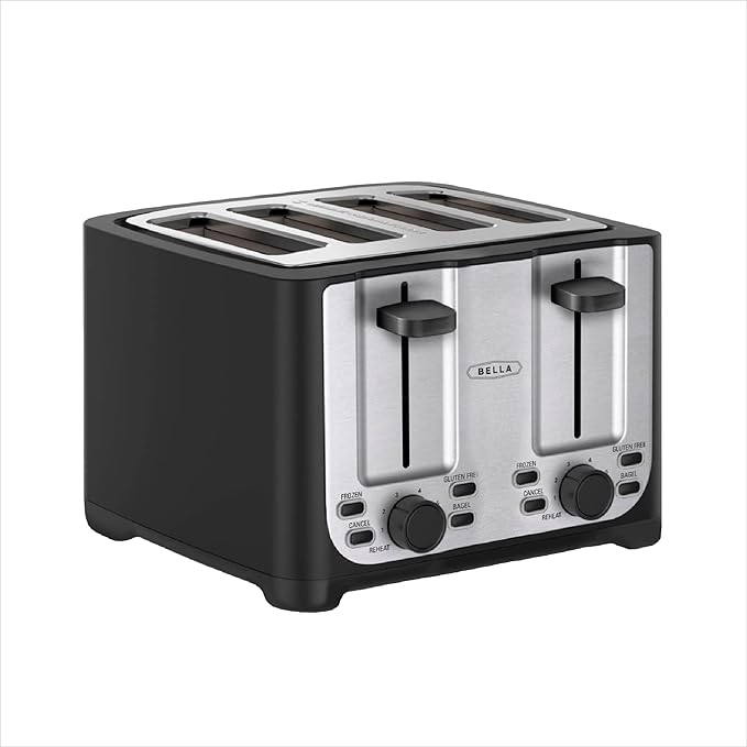 bella 4 Slice Toaster with Auto Shut Off, Extra Wide Slots & Removable Crumb Tray and Cancel, Defrost & Reheat Function, Toast Bread & Bagel, Black