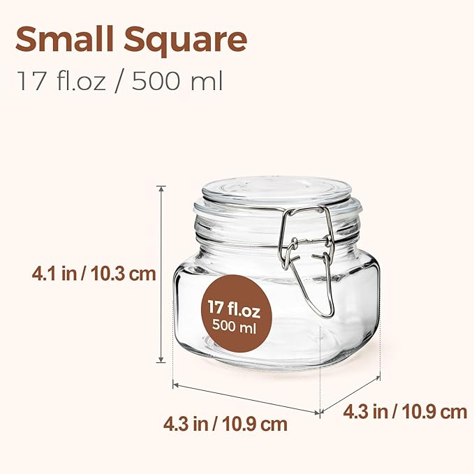 ComSaf Set of 6 Square Glass Jars with Airtight Wire Clamp Lids (17 Oz), Wide Mouth Pantry Canisters for Overnight Oats, Jam, Pickling, Spice Storage, Gifts