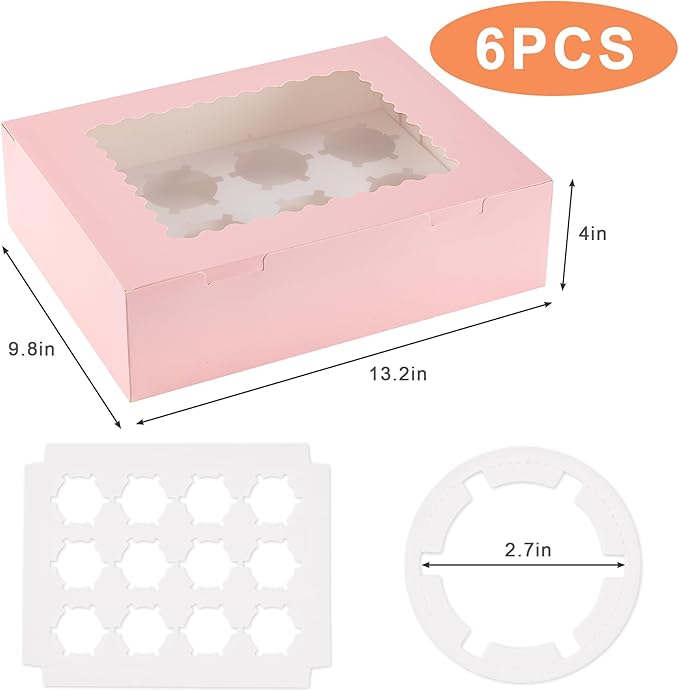 Hoewina 6PCS Cupcake Boxes - Hold 12 Count Cupcake Containers with Window, Food Grade Cupcake Holder Easy Transport and Presentation - Ideal for Cupcakes, Desserts, and More (Pink)