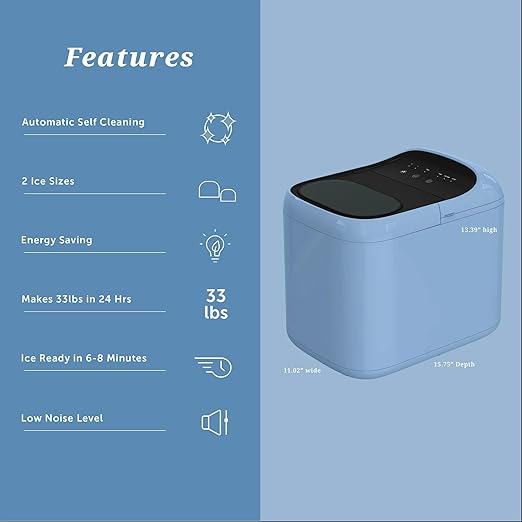 Ice Maker Countertop, 9 Cubes in 6 Mins, 33 lbs per Day, Portable Bullet Ice Machine, Self-Cleaning Ice Makers with Basket and Scoop, Ideal for Home, Kitchen, Camping, RV (Bule)