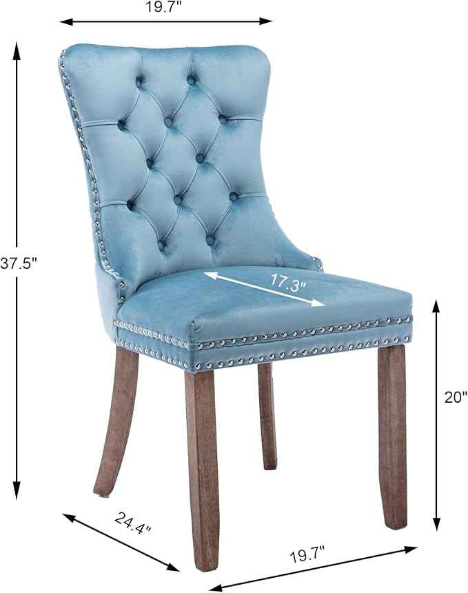 Upholstered Dining Chairs Set of 2, Velvet Dining Room Chairs with Back Ring Pull Trim and Solid Wood Legs, Tufted Wingback Kitchen Chair Perfect for Dining Room,Living Room,Kitchen(Light Blue)