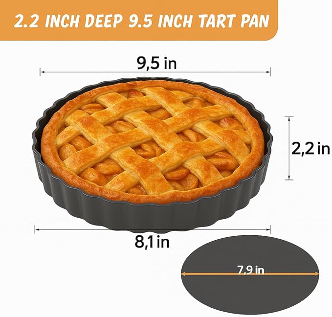 9.5 Inch Tart Pan with Removable Bottom & Non-stick Baking Mat Set – Carbon Steel Deep Tart Pan with 2.2 Inch Depth + Silicone Pastry Mat with Measurements, Perfect for Baking Pies, Tarts & Quiches