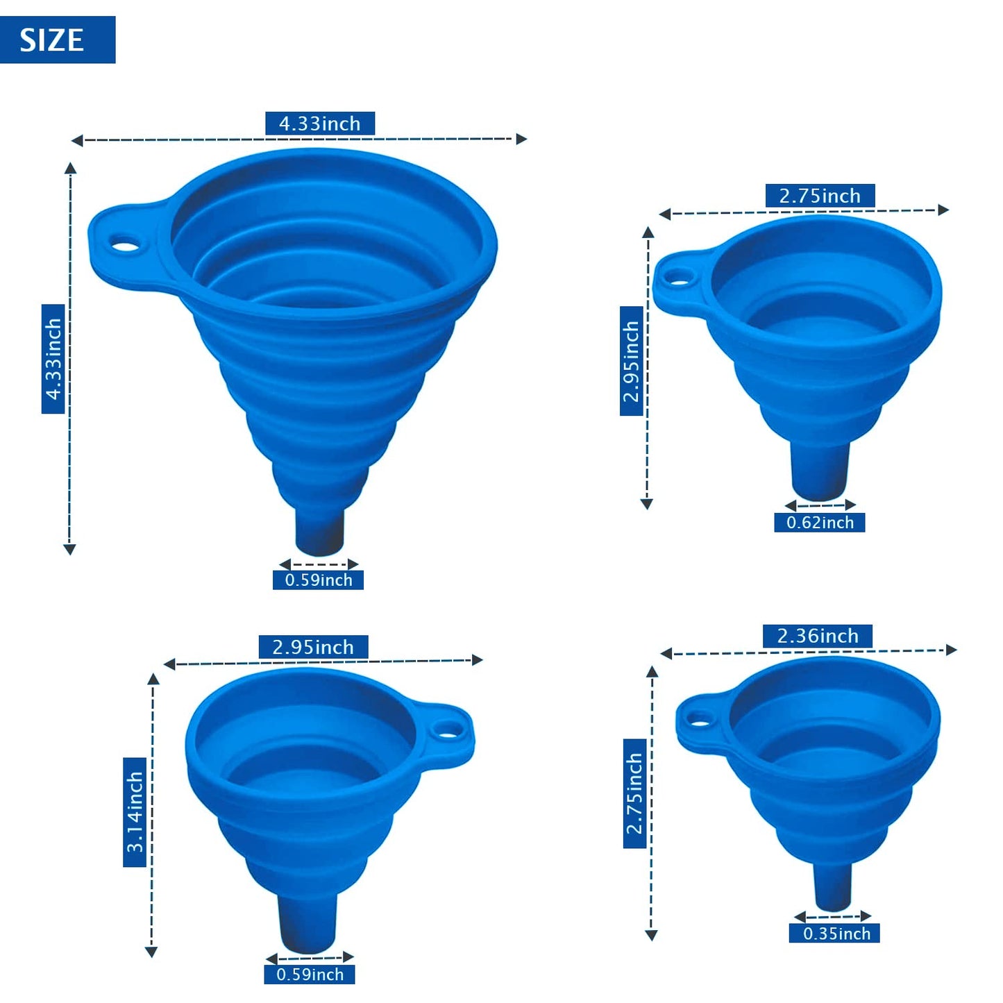 Set of 4 Silicone Collapsible Kitchen Funnel - X-Small to Large Sizes for Easy Liquid Transfer Food Grade Silicone Collapsible Gadgets (Blue)