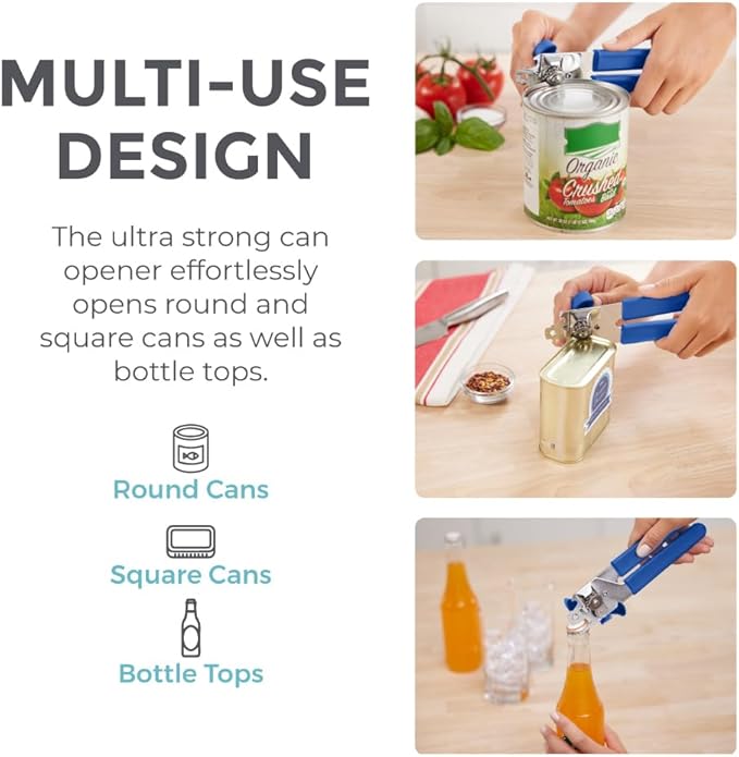 Kitchen Genie Slip Resistant Stainless Steel Manual Can Opener, Sharp Blade for Smooth Edge Cuts, Easily Open Cans, Ergonomic Handles with Easy to Turn Knob, Built-In Bottle Openers, Cobalt Blue