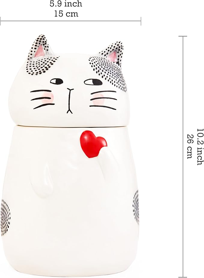 Bico Cartoon Cat Handpainted Stoneware Air Tight White 10.2 inch Cookie Jar, Dishwasher Safe, for storing Cookie, Candy, Coffee