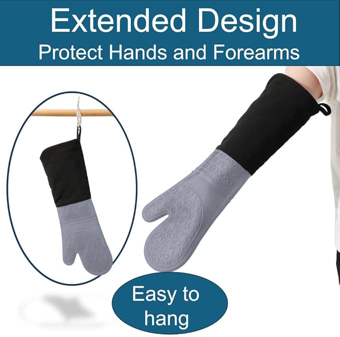 Extra Long High Temp Oven Mitts - 2pcs Commercial, Heavy Duty Non-Slip Grip Mitts - Silicone Heat Resistant Up to 500 Degrees, Ideal for Cooking, Baking & Frying, Grey