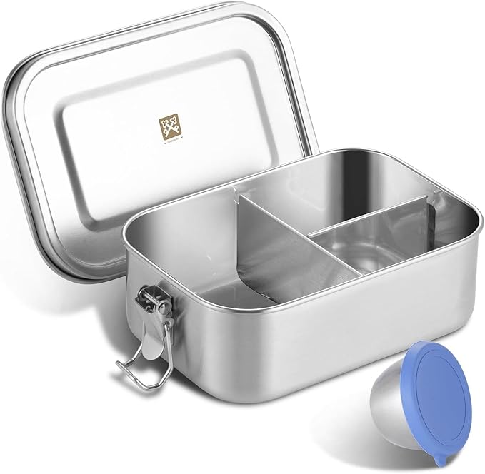 GOLDEN KEY 27oz / 0.8L Bento Box for Kids,18/8 Stainless Steel Lunch Box for Kids with Leakproof Condiment Container,3 Compartment Bento Box for School and Eating Out,Freezer & Dishwasher Safe(Blue)
