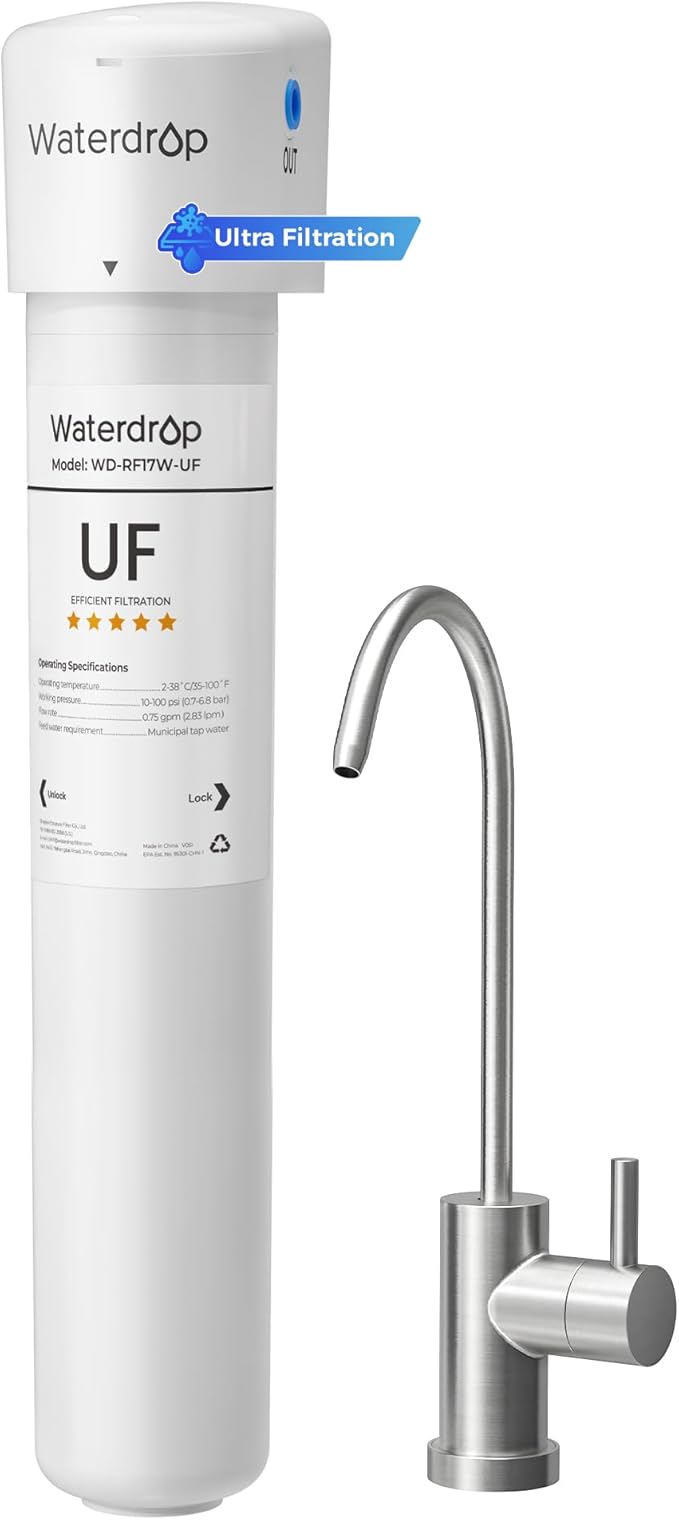 Waterdrop 17UBW-UF 0.01 μm Ultra Filtration Under Sink Water Filter System, 3 Years, Reduces Lead, Chlorine, Bad Taste & Odor, with Dedicated Brushed Nickel Faucet