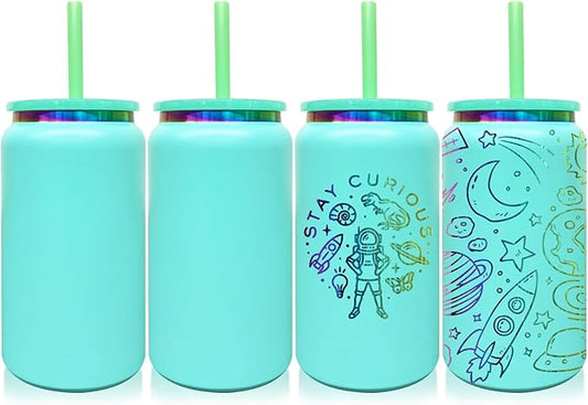 4 Pack Glass Cups with Lids and Straws, 16 oz Stainless Steel Cups, Insulated Skinny Tumbler, Powder Coated Travel Tumblers for Laser Engrave, Iced Coffee Cup for Smoothie Water DIY Gift(Green,4 pack)