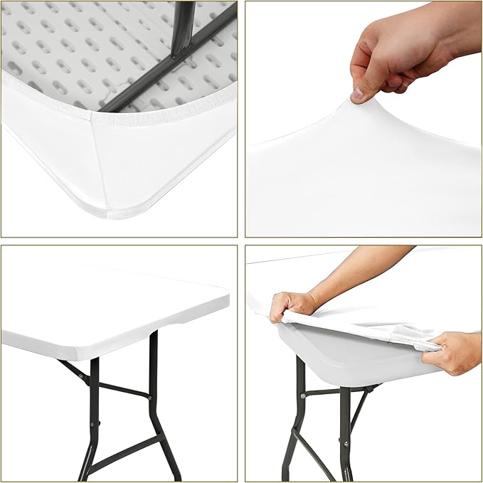6 Pack Stretch Fabric Table Top Cap Cover, fits 8' Tables, Spandex Table Covers Washable Elastic Universal Rectangle Tablecloth Protector for Indoor Outdoor Party Picnic Wedding, White, 30" W x 96" L
