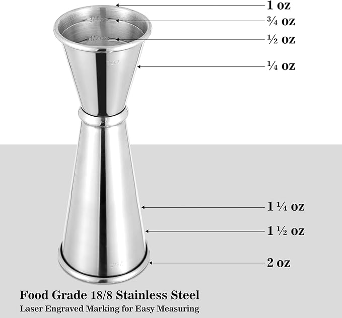 BARsics 24oz Stainless Steel Bar Cocktail Shaker, 1oz/2oz Jigger and 8" Mixing Spoon