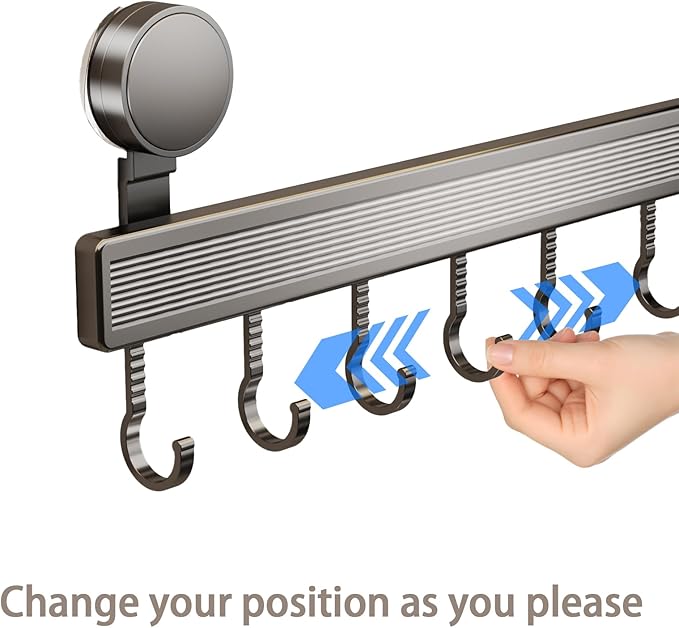 8 Hooks Aluminum Kitchen Rack, No Drilling Wall Mount, Strong Adjustable Suction Cup Hooks for Organizing Kitchen Utensils, Spatulas, Mugs, and Cutlery (Grey, 40cm)