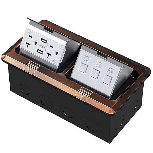 KYHSHJ Dual Pop-Up Floor Electrical Outlet Box Kit，20 Amp Stainless Steel USB TR Receptacle Outlet，3-Port RJ45 Datacom Receptacle， ETL Listed, Bronze