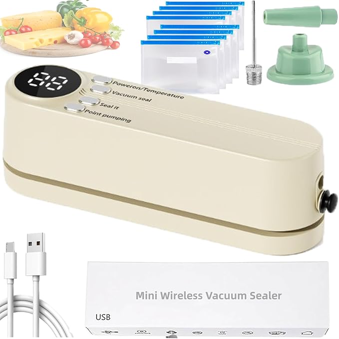 Vacuum Sealer, Mini Cordless Vacuum Sealer, Handheld Portable Rechargeable Snack Bag Sealing Machine with Air Pump, for Dry/Moist Food Storage with 10 Compression Bags