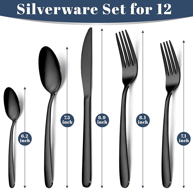Hunnycook 60-Piece Black Silverware Set - Stainless Steel Silverware Set for 12, Includes Forks Spoons and Knives, Utensil Sets for Home Kitchen Restaurant, Dishwasher Safe