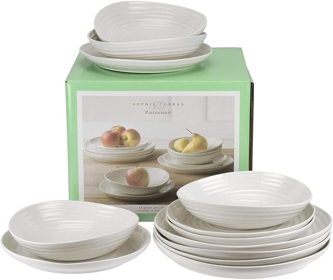 Portmeirion Sophie Conran 12 Piece Coupe Dinnerware Set - Dinner Plates, Side Plates & Bowls, Porcelain Kitchen Tableware for Everyday Dining & Entertaining - Durable & Dishwasher Safe