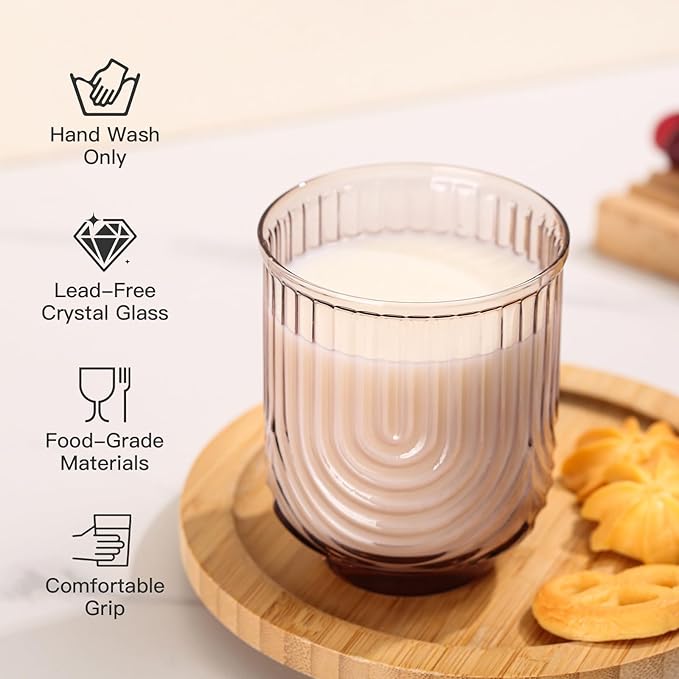 JOVGANK Colored Vintage Drinking Glasses Set of 6-14Oz Colorful Drinking Glasses, Art Deco Ripple Highball Glass, Whiskey Cocktail Glasses, for Bar Coffee Juice, Housewarming and Mother's Day Gift