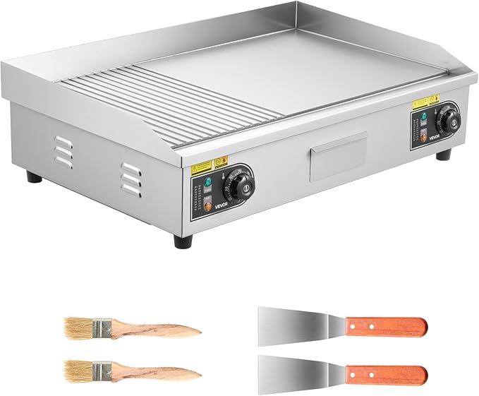 VEVOR Commercial Electric Griddle, 28.54 x 15.75 in, 2800W, 122-570°F Adjustable Temp Control, Stainless Steel, Half Grooved Half Flat, with 2 Spatulas, 2 Brushes, and 4 Foot Pads, for Steak(NO PLUG)