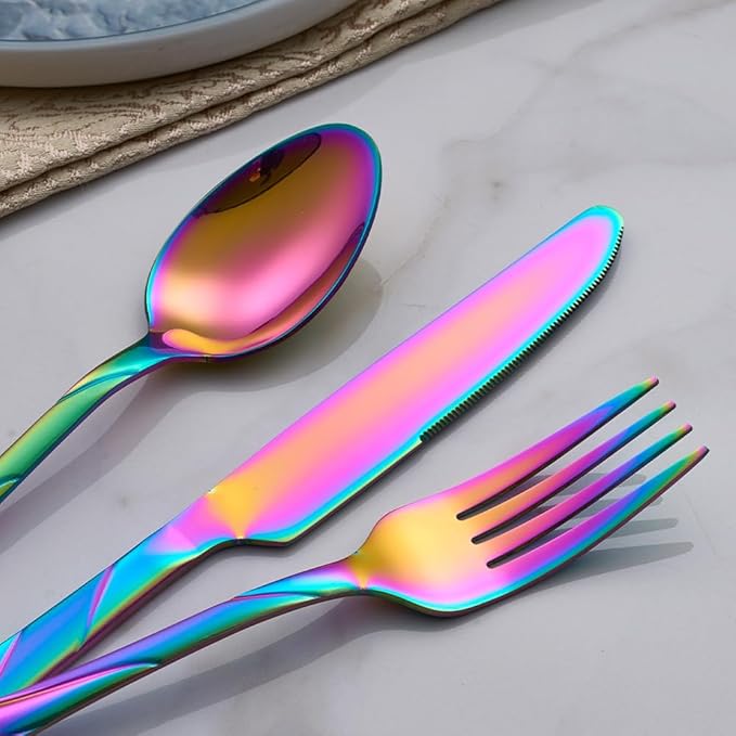 Rainbow Silverware Set for 8, 40-Piece Stainless Steel Flatware Set, Shiny Rainbow Metal Cutlery Set, Include Fork, Knife and Spoon Set, Dishwasher Safe