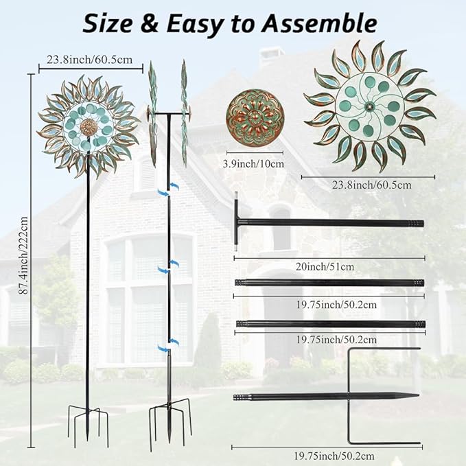 DREAMSOUL 24" Dia Large Wind Spinners Outdoor with 5 Prongs Stake, Metal Kinetic Wind Spinners for Yard and Garden