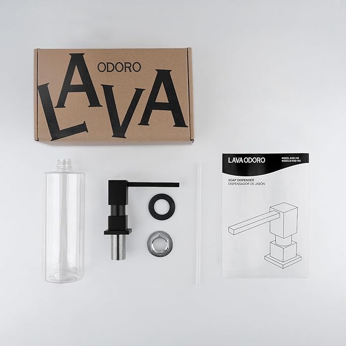 Lava Odoro Soap Dispenser for Kitchen Sink, Black Sink Soap Dispenser Pump, Modern Square Built in Kitchen Sink Countertop Pump Dispenser with 18oz Refillable Bottle, Spot-Free KSD182-MB