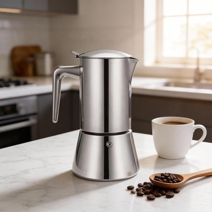 4 Cups Food-Grade Thickened Stainless Steel Moka Pot - Non-Coated Italian Greca Espresso Maker 200ml (6.8oz), Manual Stovetop Coffee Maker with Safety Valve, Suitable for all Types of Hobs