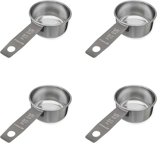 1/3 Cup Stainless Steel Measuring Cup | Sturdy Metal 80 ml | 80 cc | 3 oz | Single Cup for Wet and Dry Ingredients | Great for use as 1/3 Cup Dog Food Scoop - 4 PK