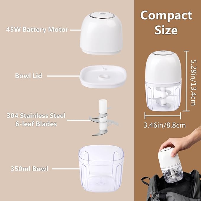 Wireless Food Chopper Mini, 350ml Cordless Food Processor, 1.4Cup Garlic Onion Chopper, Battery USB-C Rechargeable Electric Processor, Veggie Meat Blender, Small Kitchen Appliance, Mom's Gift, White
