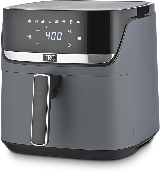 TRU 6-Quart Digital Air Fryer by Select Brands - Family Size, One-Touch Control, 8 Presets - Air Fry Chicken, Meat, Veggies, Fries - Nonstick Pot and Crisping Tray, Auto Shut Off, Matte Gray