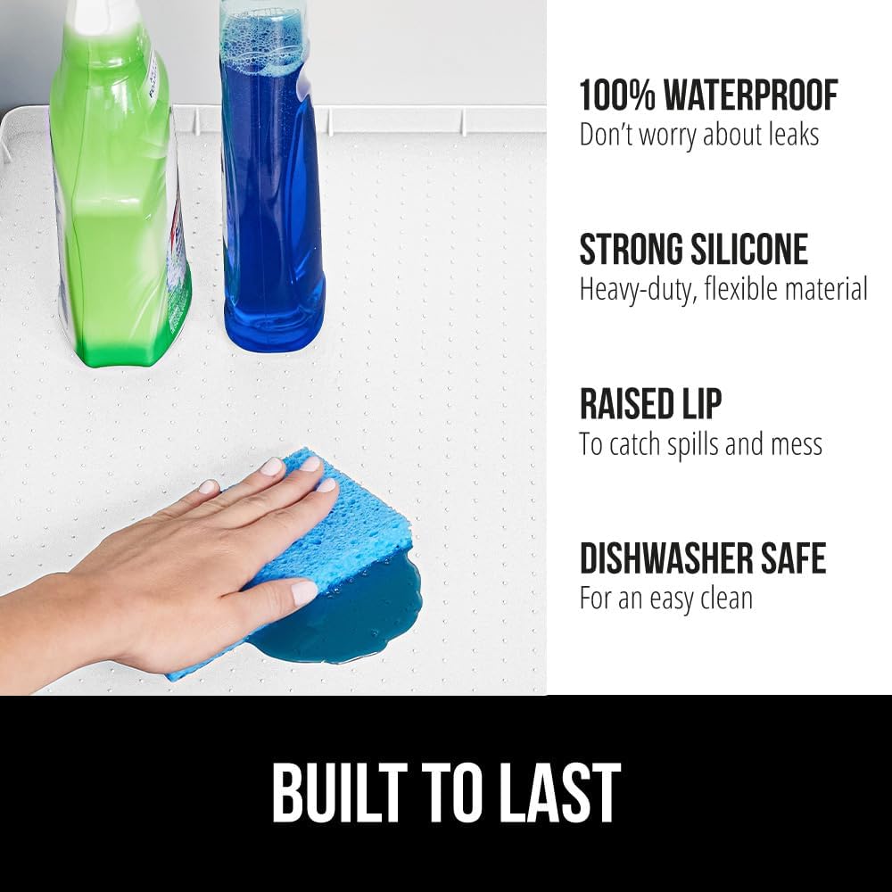 GORILLA GRIP Waterproof Silicone Under Sink Mat with Raised Lip for Kitchen and Bathroom, 34 x 22 in, Cabinet Shelf Liner Stay in Place Mats Dishwasher Safe Drawer Liner, Organizer Tray, White