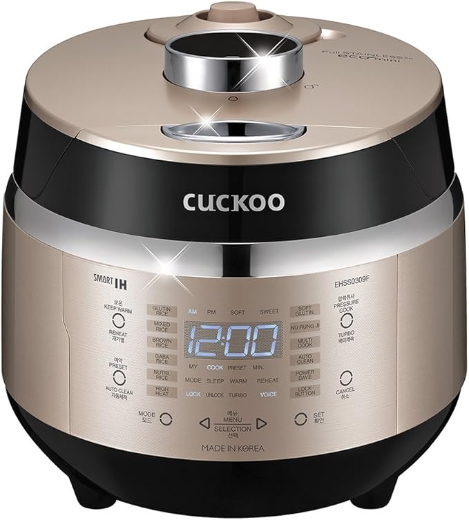 CUCKOO High Pressure Rice Cooker 3-Cup Uncooked / 6-Cup Cooked with Induction Heating Technology, Small Rice Maker with 16 Menu Options and Steam Plate, Voice Guide, Gold (CRP-EHSS0309F)