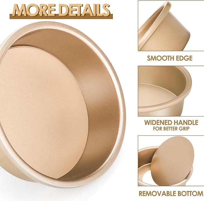 6 Inch Round Cake Pan Set of 3, Nonstick Coating Baking Round Cake Pans with Remvable Bottom for Birthday Layered Cakes,Party, Circle Cake Tins With Wider Grips for Oven Air Fryer, Gold