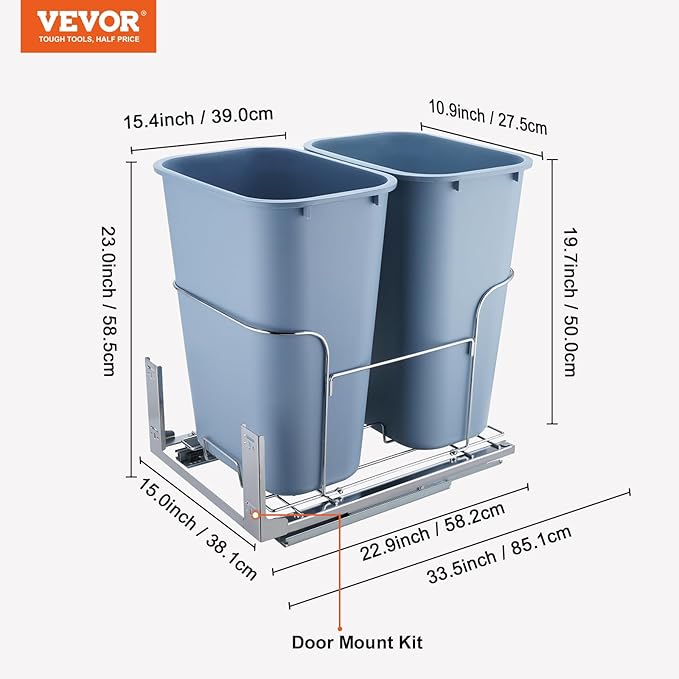 VEVOR Pull-Out Trash Can, 35L Double Bins, Under Mount Kitchen Waste Container with Soft-Close Slide and Door Mounting Kit, 110 lbs Load Capacity Heavy Duty Garbage Recycling Bin for Kitchen Cabinet