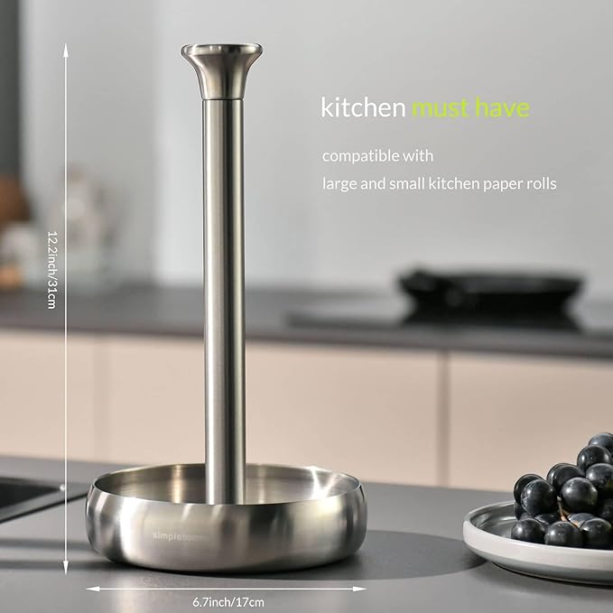 simpletome Paper Towel Holder Countertop Keep It Rolled Up Weighted Base (304 Brushed Silvery)