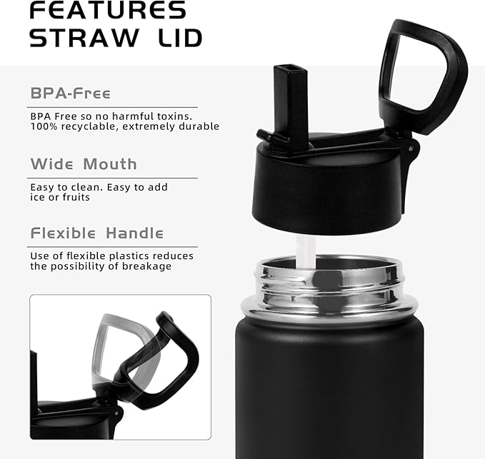 Volhoply 14oz KIds Insulated Stainless Stee Water Bottle with Straw Lid and Silicone Boot,BPA-Free Easy Use for Boys&Girls,Double Wall VacuumLeakproof Bottles(Black,1)