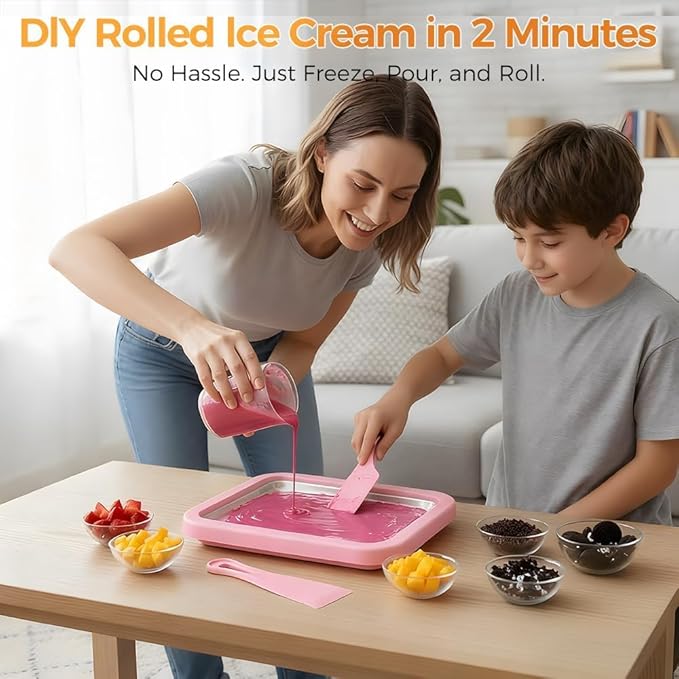Rolled Ice Cream Maker, Instant Ice Cream Maker, Instant Cold Plate Ice Cream Maker with 2 Scrapers Frozen Yogurt Rolls Tray Homemade DIY Smoothies, Ideal for Family Activities