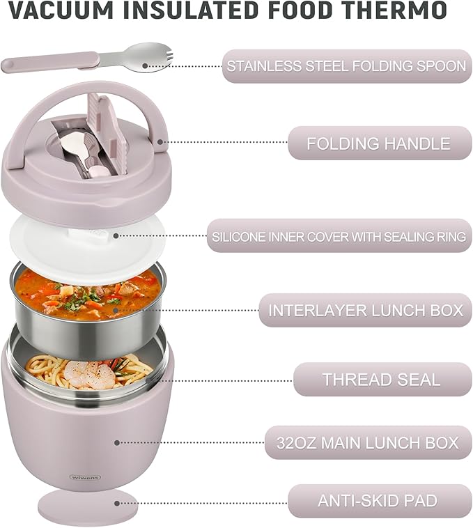 wiwens Thermo Food Jar for Hot Food Adults 32OZ Soup Thermo Lunch Containers Wide Mouth Vacuum Insulated Stainless Steel Leakproof Bento Box with Spoon (Purple)