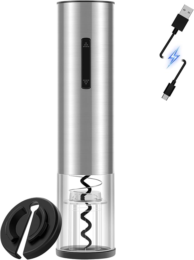 Electric Wine Opener Rechargeable–USB-C Charging, Wine Opener Electric with Foil Cutter, Electric Wine Bottle Opener, Electric Corkscrew Wine Opener, Stainless Steel, Must-Have for Wine Lovers