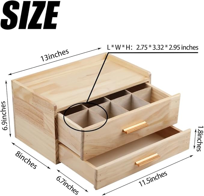 Tea Organizers and Storage Box with Drawer Tea Station organizer for Countertop with 8 Compartments Pine Wood Tea Bag Organizer with Drawer Teabag Holder with 4 Cotton Woven Coasters（Wood02）