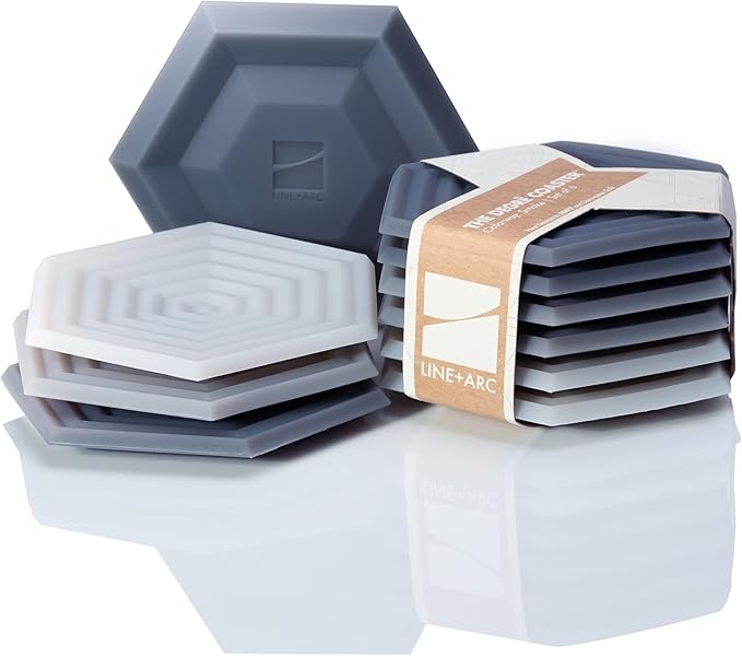 LINE+ARC Extra Thick Silicone Coasters (As Seen in NYTimes WireCutter) Waterproof Anti-Stain Heat-Safe Dishwasher-Safe Degrē Coasters (Set of 6, Smoke) Outdoor Rubber Mid-Century Modern
